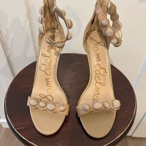 Sam Edelman Nude Scalloped Ankle-Strap Heels with Button Accents